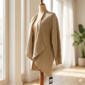 COZY CHIC Tan Knit Waterfall Cardigan | Oversized Drape Front | Small